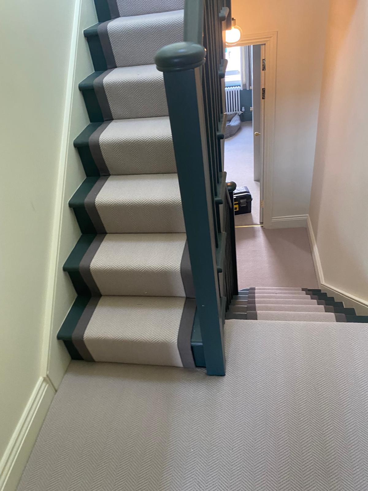 Deco Flatweave Herringbone Fallow stair runner on a double staircase in Stoke Newington N16 by Carpet World London
